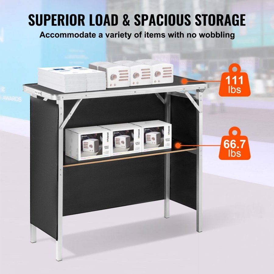 VEVOR Portable Tradeshow Podium Table, 97,5 × 38,5 × 87 cm, Display Exhibition Counter Stand Booth Fair with Wall, Foldable Promotion Retail Bar Table Podium with Storage Rack and Carrying Bag