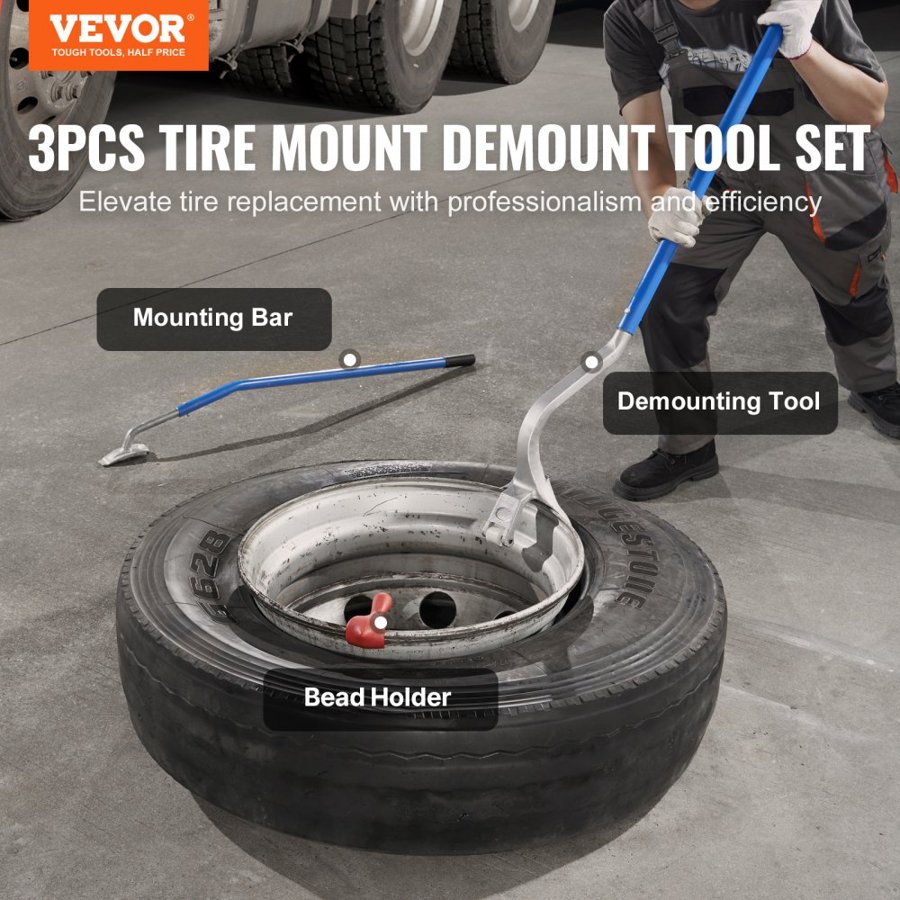 VEVOR Tire Mount Demount Tool, 571-622 mm Manual Steel Tire Changer Mount Demount Removal Tool, with Extra Bead Holder, Tubeless Truck Bead Breaker, 3 PCS Tire Changing Tools, Orange