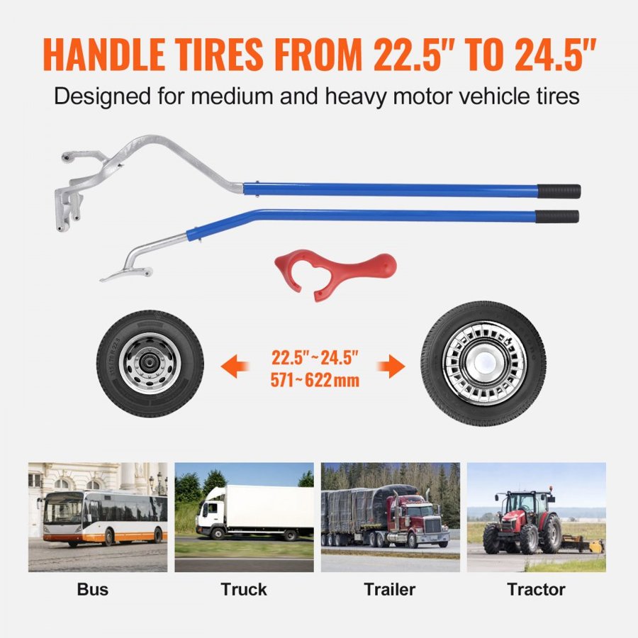 VEVOR Tire Mount Demount Tool, 571-622 mm Manual Steel Tire Changer Mount Demount Removal Tool, with Extra Bead Holder, Tubeless Truck Bead Breaker, 3 PCS Tire Changing Tools, Orange