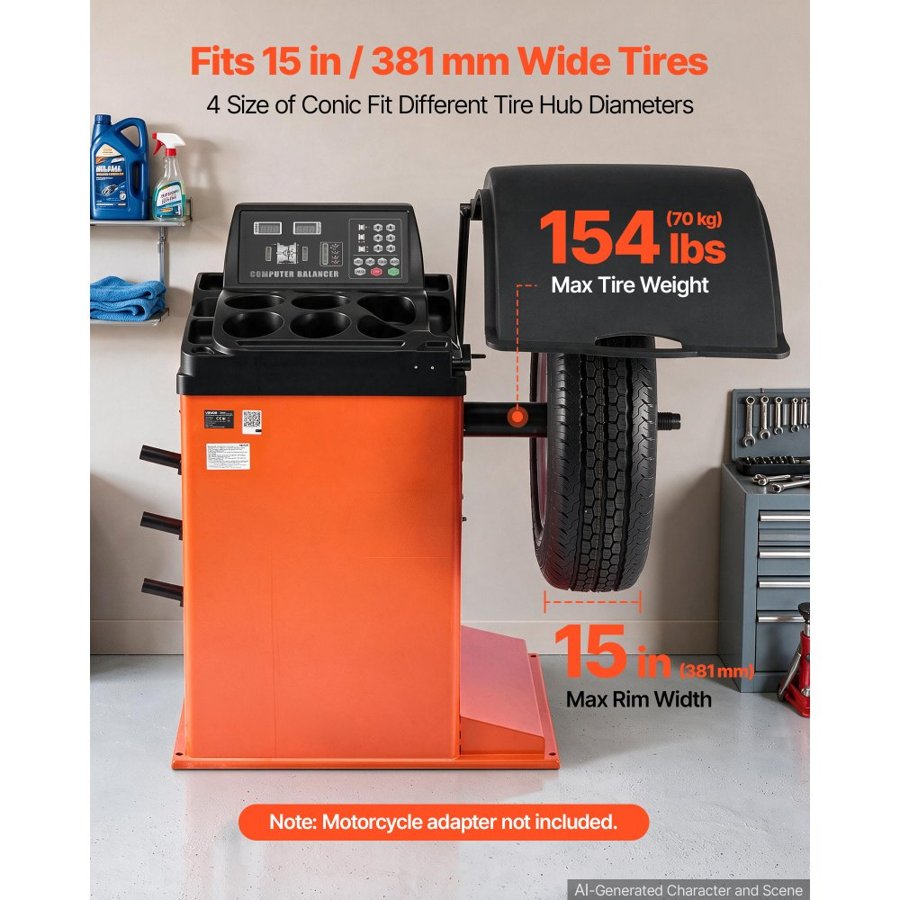 VEVOR Tire Balancer Machine 250W Wheel Balancer Support Up to 381mm Rim Width, High Accuracy Tire Balancing Machine with Protective Cover & Digital Display, Heavy-Duty for Repair Shops & Home Garages
