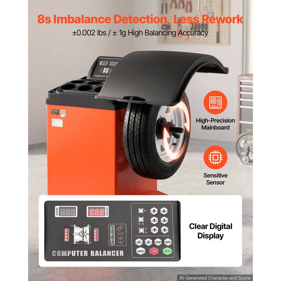 VEVOR Tire Balancer Machine 250W Wheel Balancer Support Up to 381mm Rim Width, High Accuracy Tire Balancing Machine with Protective Cover & Digital Display, Heavy-Duty for Repair Shops & Home Garages