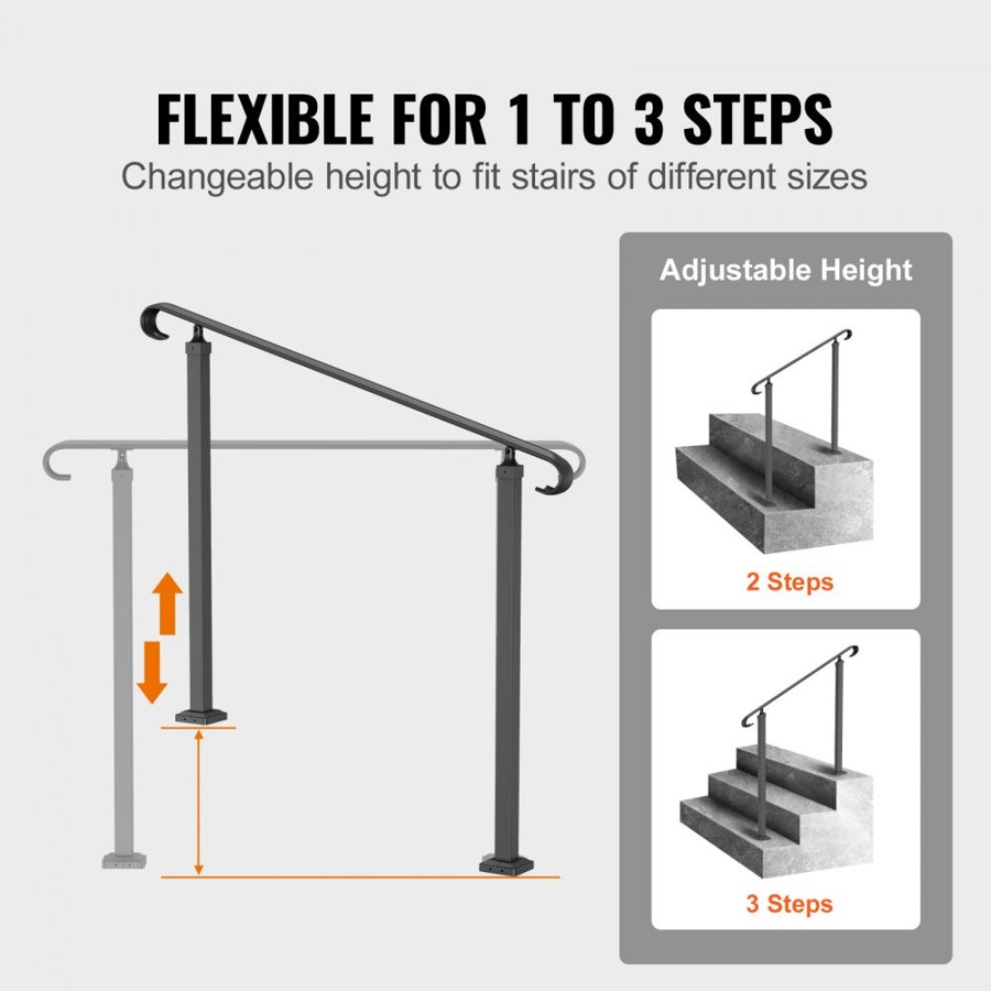 VEVOR Wrought Iron Handrail, Fit 2 or 3 Steps Outdoor Stair Railing, Adjustable Front Porch Hand Rail, Black Transitional Hand railings for Concrete Steps or Wooden Stairs with Installation Kit