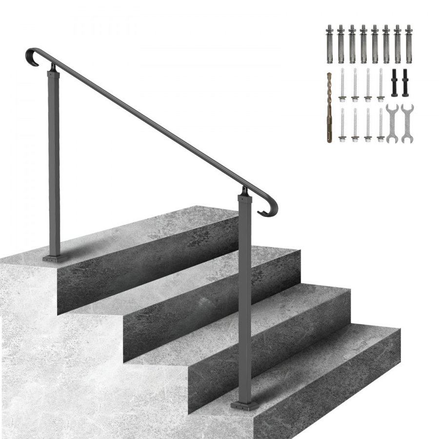 VEVOR Wrought Iron Handrail, Fit 2 or 3 Steps Outdoor Stair Railing, Adjustable Front Porch Hand Rail, Black Transitional Hand railings for Concrete Steps or Wooden Stairs with Installation Kit