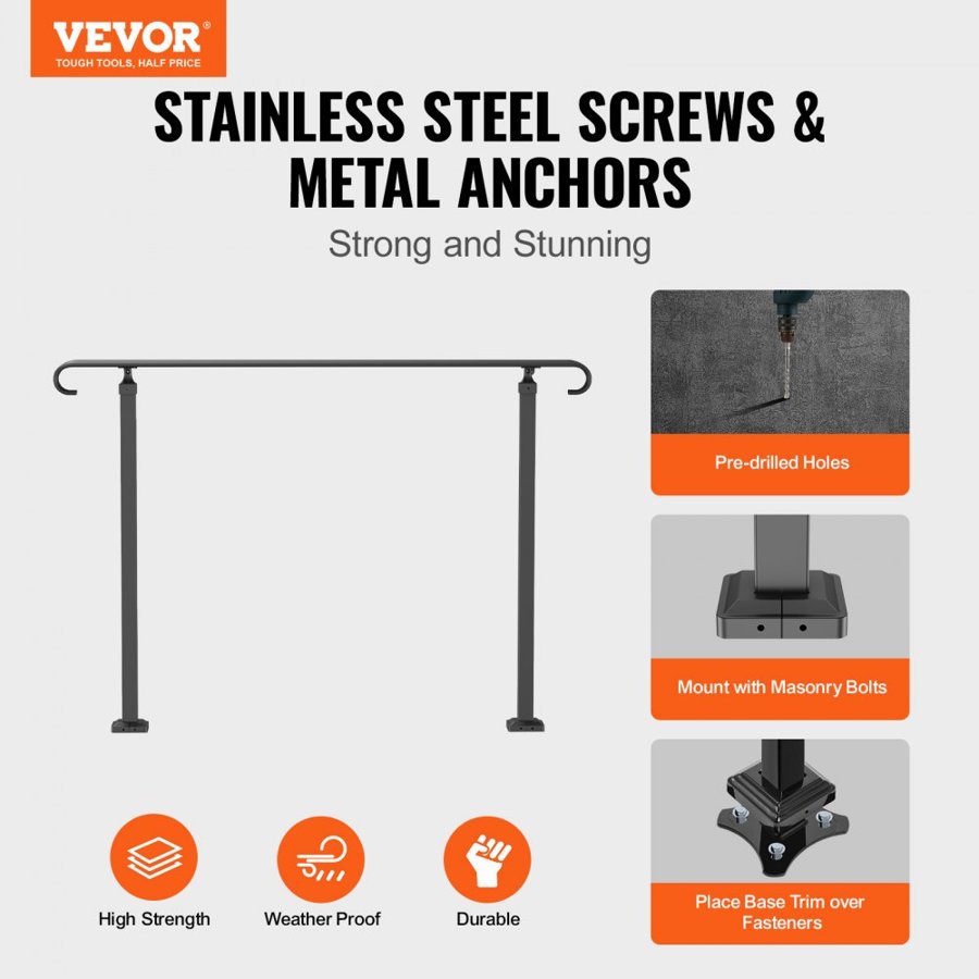 VEVOR Wrought Iron Handrail, Fit 2 or 3 Steps Outdoor Stair Railing, Adjustable Front Porch Hand Rail, Black Transitional Hand railings for Concrete Steps or Wooden Stairs with Installation Kit