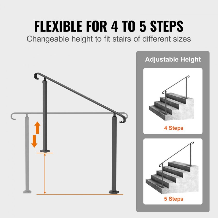 VEVOR Wrought Iron Handrail, Fit 2 or 3 Steps Outdoor Stair Railing, Adjustable Front Porch Hand Rail, Black Transitional Hand railings for Concrete Steps or Wooden Stairs with Installation Kit