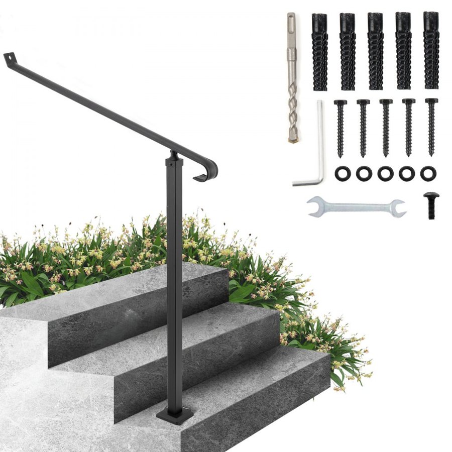 VEVOR Handrails for Outdoor Steps 1-2 Step Railings Wrought Iron Handrail Stair Railings for Steps Black Iron Railings for Steps Wall and Floor Mounted with Installation Kit