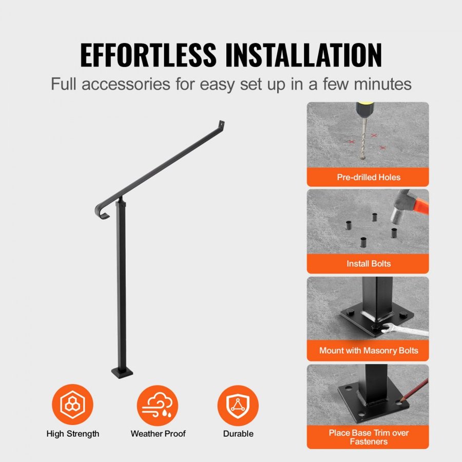 VEVOR Handrails for Outdoor Steps 1-2 Step Railings Wrought Iron Handrail Stair Railings for Steps Black Iron Railings for Steps Wall and Floor Mounted with Installation Kit