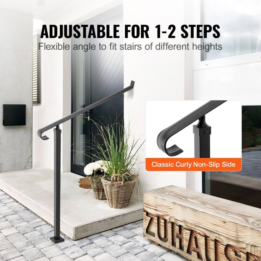 VEVOR Handrails for Outdoor Steps 1-2 Step Railings Wrought Iron Handrail Stair Railings for Steps Black Iron Railings for Steps Wall and Floor Mounted with Installation Kit