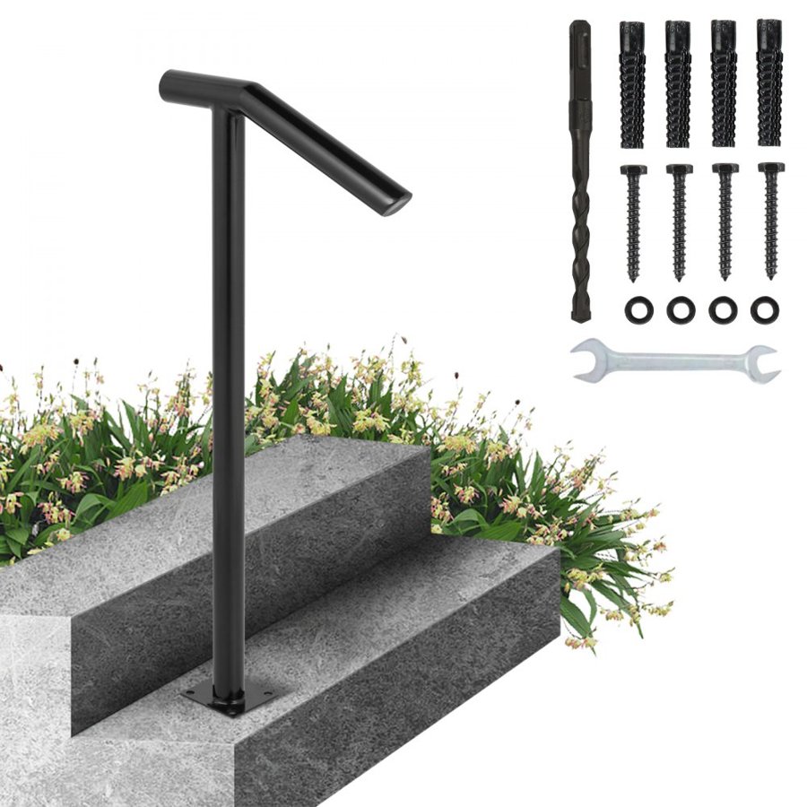 VEVOR Round Type Metal Handrail Step Handrail 2 Steps Handrails for Outdoor Steps Handrails 18L x 38H Inch Steps Stair Railing for Steps with One Bolt Down Post