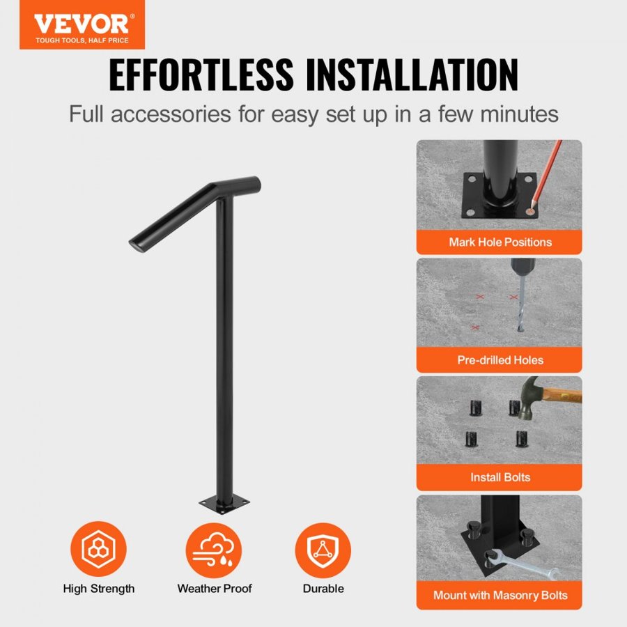 VEVOR Round Type Metal Handrail Step Handrail 2 Steps Handrails for Outdoor Steps Handrails 18L x 38H Inch Steps Stair Railing for Steps with One Bolt Down Post