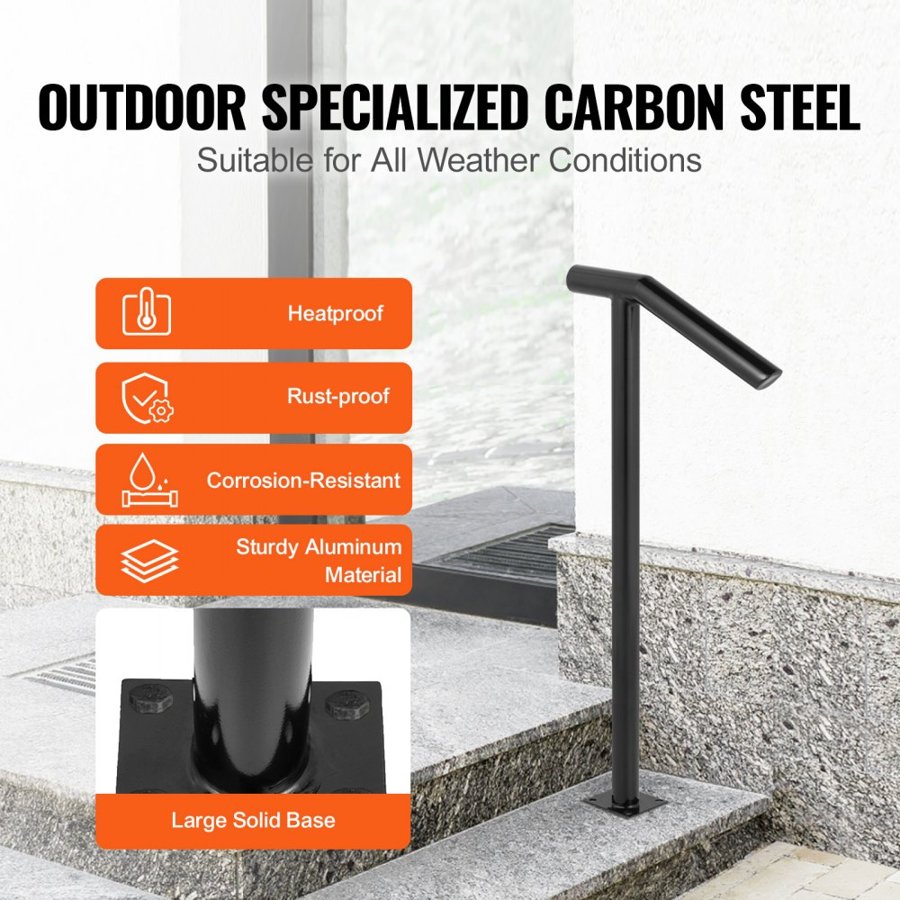 VEVOR Round Type Metal Handrail Step Handrail 2 Steps Handrails for Outdoor Steps Handrails 18L x 38H Inch Steps Stair Railing for Steps with One Bolt Down Post
