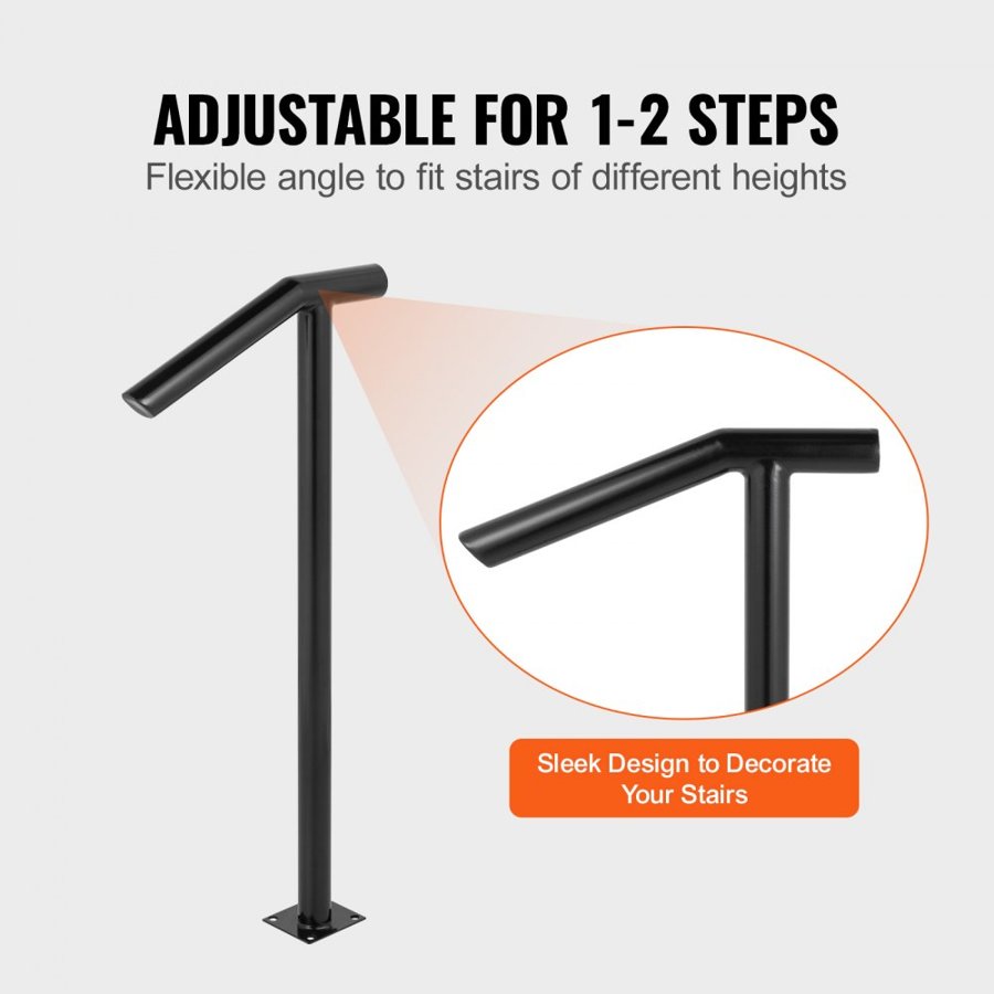 VEVOR Round Type Metal Handrail Step Handrail 2 Steps Handrails for Outdoor Steps Handrails 18L x 38H Inch Steps Stair Railing for Steps with One Bolt Down Post