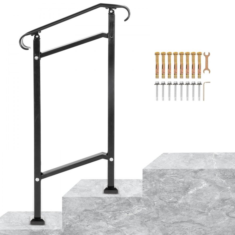 VEVOR Wrought Iron Handrail, Fit 1 or 2 Steps Outdoor Stair Railing, Adjustable Front Porch Hand Rail, Black Transitional Hand Railings for Concrete Steps or Wooden Stairs with Installation Kit