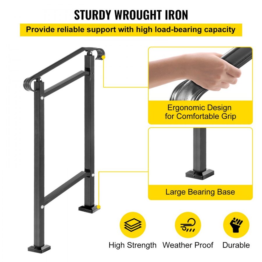 VEVOR Wrought Iron Handrail, Fit 1 or 2 Steps Outdoor Stair Railing, Adjustable Front Porch Hand Rail, Black Transitional Hand Railings for Concrete Steps or Wooden Stairs with Installation Kit