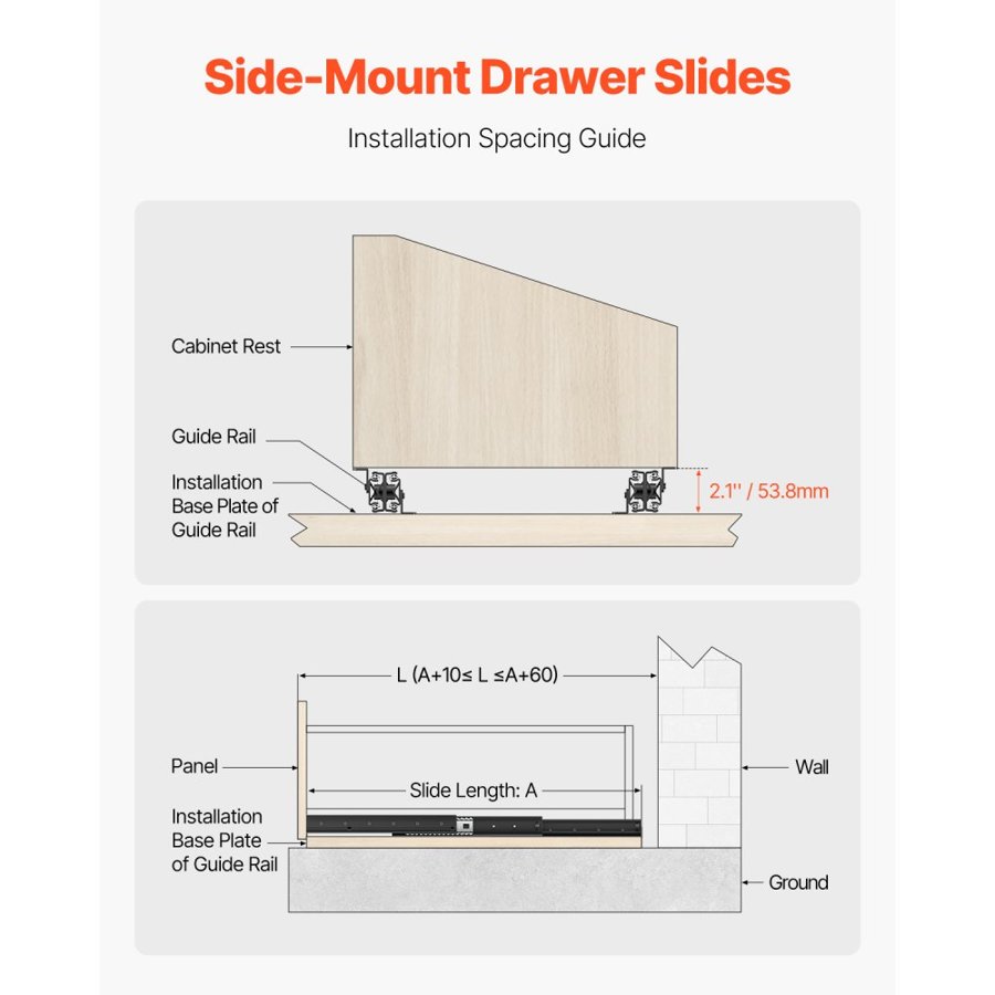 VEVOR Undermount Drawer Slides, 16 inch, Full Extension Ball Bearing Under Stair Cabinet Rails, 260 LB Load Capacity Heavy Duty Bottom Stair Cabinet Glides Track Runners,for DIY Replacement, Black