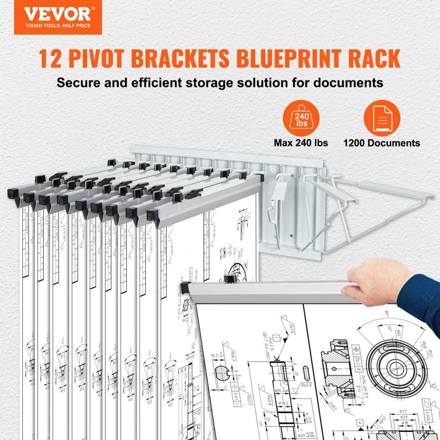 VEVOR Wall Mount Blueprint Storage Rack – Holds up to 1200 Blueprints, Hanging Blueprint Holder with 12 Pivot Brackets, for 24", 30", 36", or 42" Clamps(Rack Only Without Clamps)- Heavy Duty(240lbs)