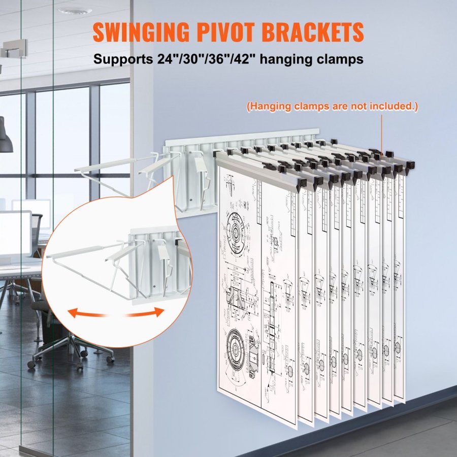 VEVOR Wall Mount Blueprint Storage Rack – Holds up to 1200 Blueprints, Hanging Blueprint Holder with 12 Pivot Brackets, for 24", 30", 36", or 42" Clamps(Rack Only Without Clamps)- Heavy Duty(240lbs)