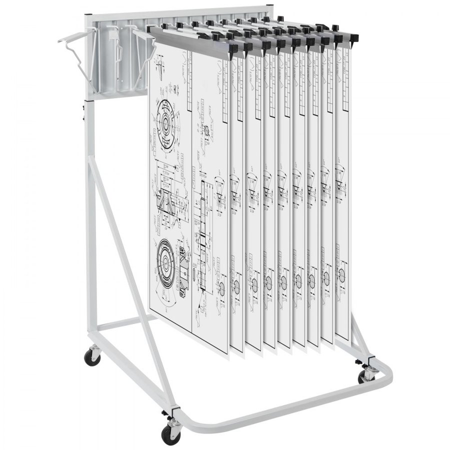 VEVOR Mobile Blueprint Storage Rack, Plan Holder with 12 Pivot Brackets, Mobile Blueprint Holder Adjustable Height & Length, Poster Display Rack for Office and Home (Rack Only Without Clamps)