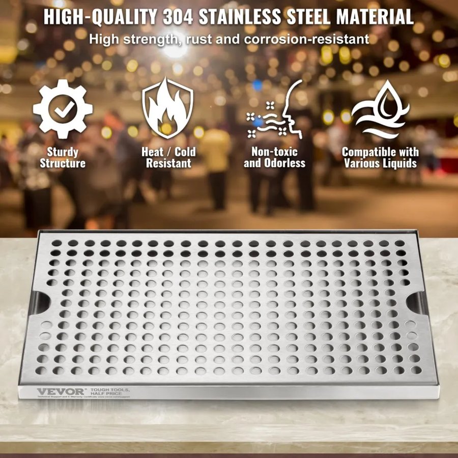 VEVOR Beer Drip Tray, 304 Stainless Steel Kegerator Drip Trays with 4 Non-Slip Rubber Pads and Detachable Cover, Heat / Cold Resistant Beer Tower Drip Pan for Bar Restaurant Coffee Shop Home