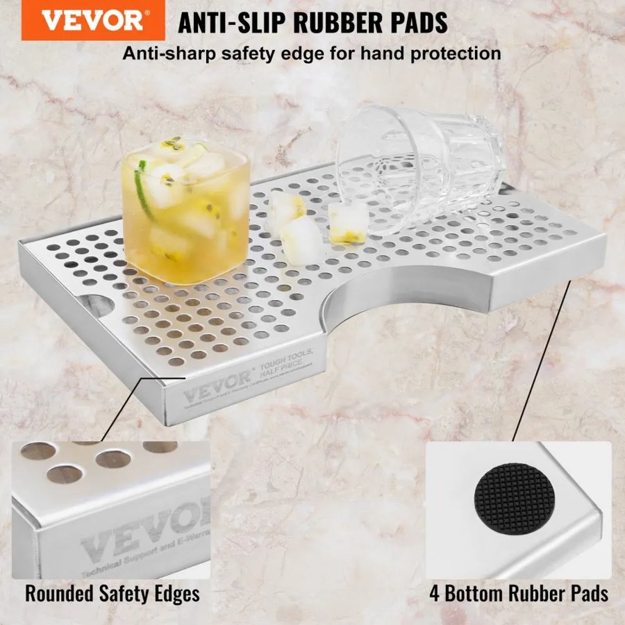 VEVOR Kegerator Beer Drip Tray, 304 Stainless Steel Keg Drip Trays with 4 Non-Slip Rubber Pads and Detachable Cover, Heat / Cold Resistant Beer Tower Drip Pan for Bar Restaurant Coffee Shop Home
