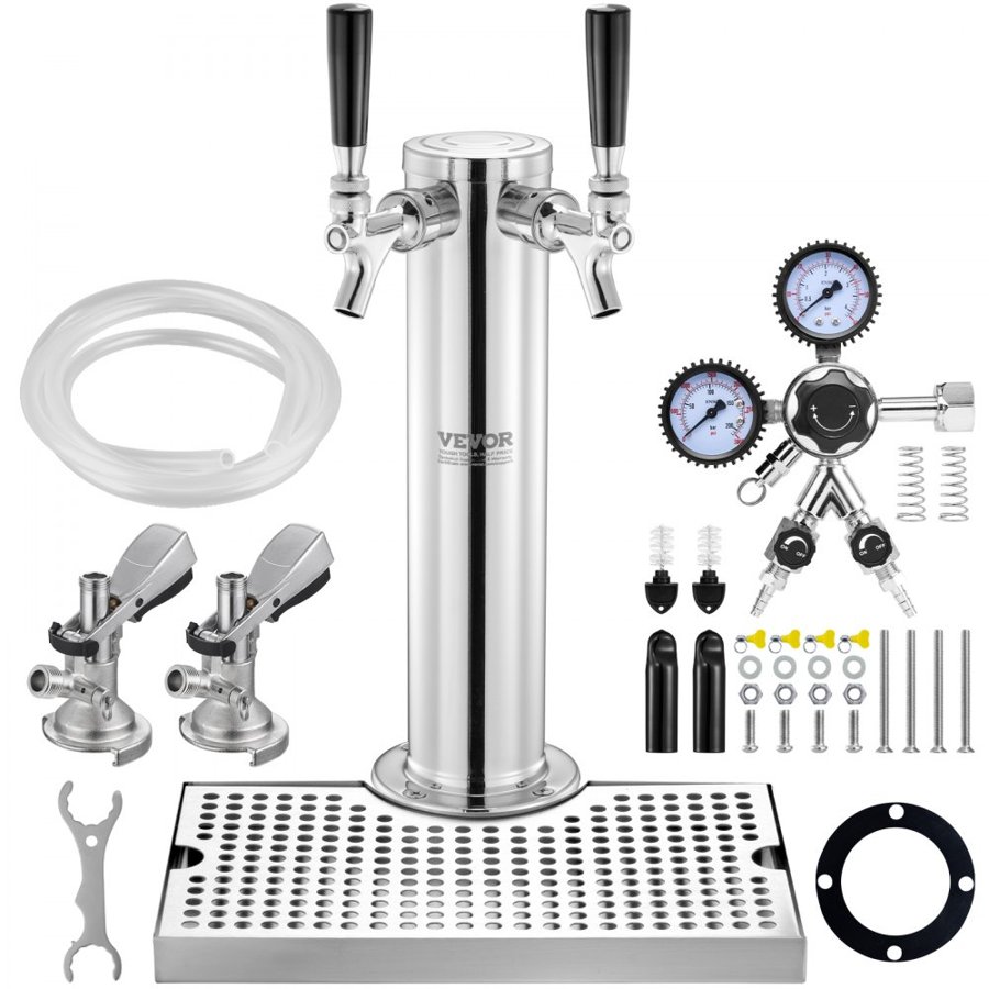 VEVOR Kegerator Tower Kit, Dual Taps Beer Conversion Kit, Stainless Steel Keg Beer Tower Dispenser with Dual Gauge W21.8 Regulator & A-System Keg Coupler, Beer Drip Tray for Party Home