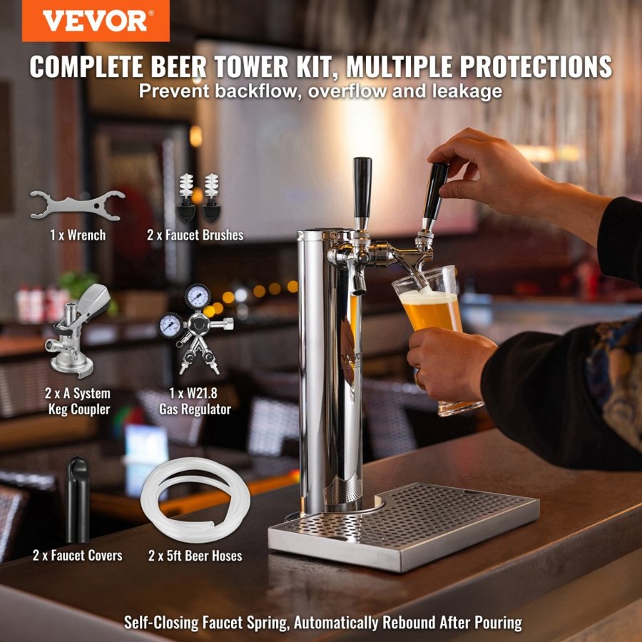VEVOR Kegerator Tower Kit, Dual Taps Beer Conversion Kit, Stainless Steel Keg Beer Tower Dispenser with Dual Gauge W21.8 Regulator & A-System Keg Coupler, Beer Drip Tray for Party Home