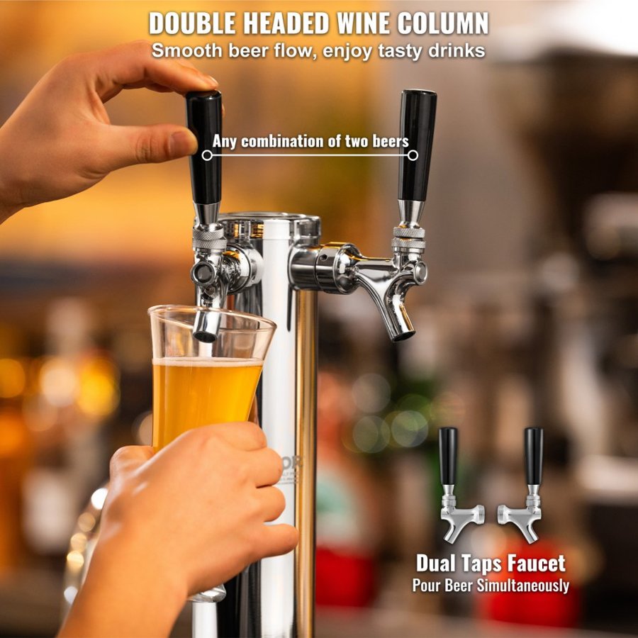 VEVOR Kegerator Tower Kit, Dual Taps Beer Conversion Kit, Stainless Steel Keg Beer Tower Dispenser with Dual Gauge W21.8 Regulator & A-System Keg Coupler, Beer Drip Tray for Party Home