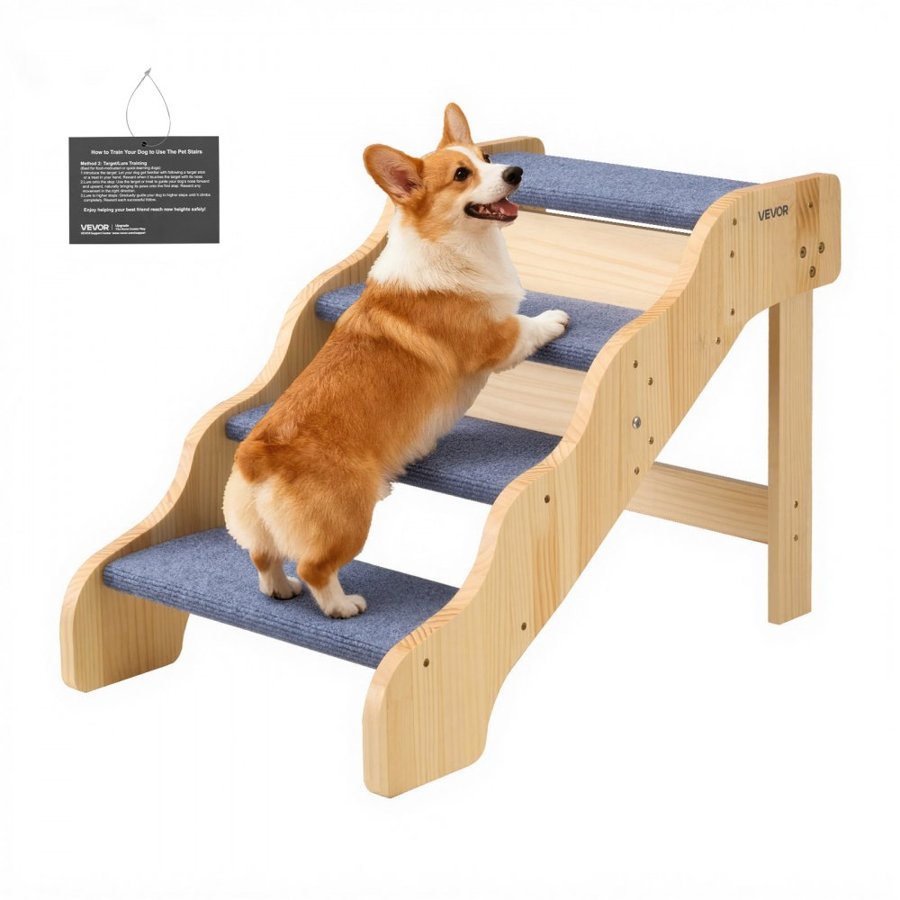 VEVOR Wood Pet Stairs, 4-Step Dog Stairs for High Beds, Sofa & Cars, 68 kg Load Capacity, Non-Slip Surface, Stable Cat & Dog Step Ladder for Small Medium Large Older Pet Puppy Essentials