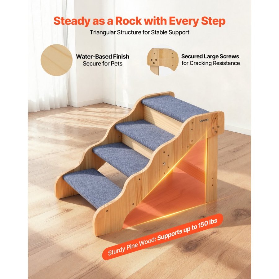 VEVOR Wood Pet Stairs, 4-Step Dog Stairs for High Beds, Sofa & Cars, 68 kg Load Capacity, Non-Slip Surface, Stable Cat & Dog Step Ladder for Small Medium Large Older Pet Puppy Essentials