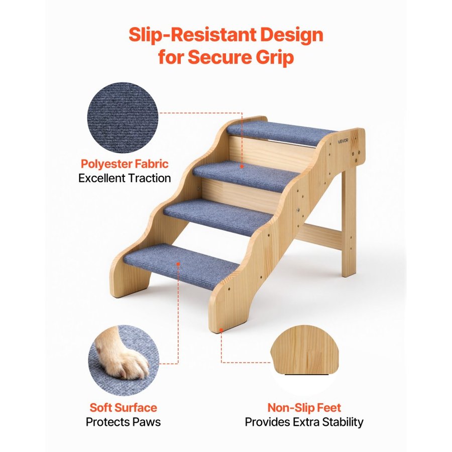 VEVOR Wood Pet Stairs, 4-Step Dog Stairs for High Beds, Sofa & Cars, 68 kg Load Capacity, Non-Slip Surface, Stable Cat & Dog Step Ladder for Small Medium Large Older Pet Puppy Essentials