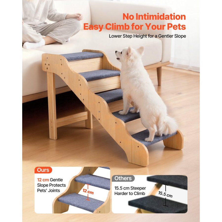 VEVOR Wood Pet Stairs, 5-Step Dog Stairs for High Beds, Sofa & Cars, 68 kg Load Capacity, Non-Slip Surface, Stable Cat & Dog Step Ladder for Small Medium Large Older Pet Puppy Essentials