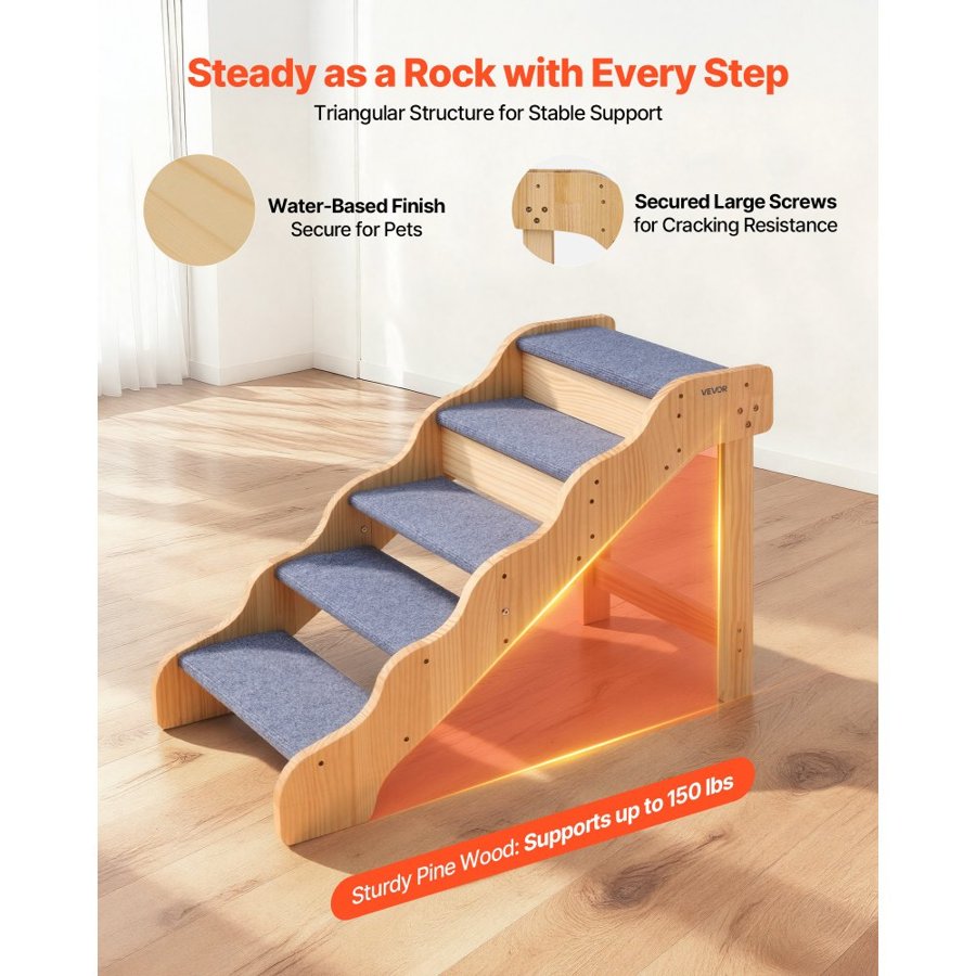 VEVOR Wood Pet Stairs, 5-Step Dog Stairs for High Beds, Sofa & Cars, 68 kg Load Capacity, Non-Slip Surface, Stable Cat & Dog Step Ladder for Small Medium Large Older Pet Puppy Essentials