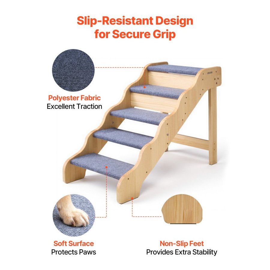 VEVOR Wood Pet Stairs, 5-Step Dog Stairs for High Beds, Sofa & Cars, 68 kg Load Capacity, Non-Slip Surface, Stable Cat & Dog Step Ladder for Small Medium Large Older Pet Puppy Essentials