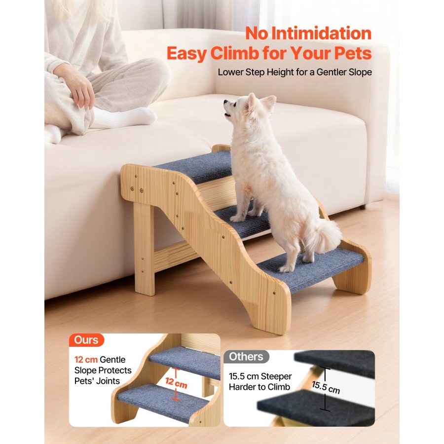 VEVOR Wood Pet Stairs, 3-Step Dog Stairs for High Beds, Sofa & Cars, 68 kg Load Capacity, Non-Slip Surface, Stable Cat & Dog Step Ladder for Small Medium Large Older Pet Puppy Essentials