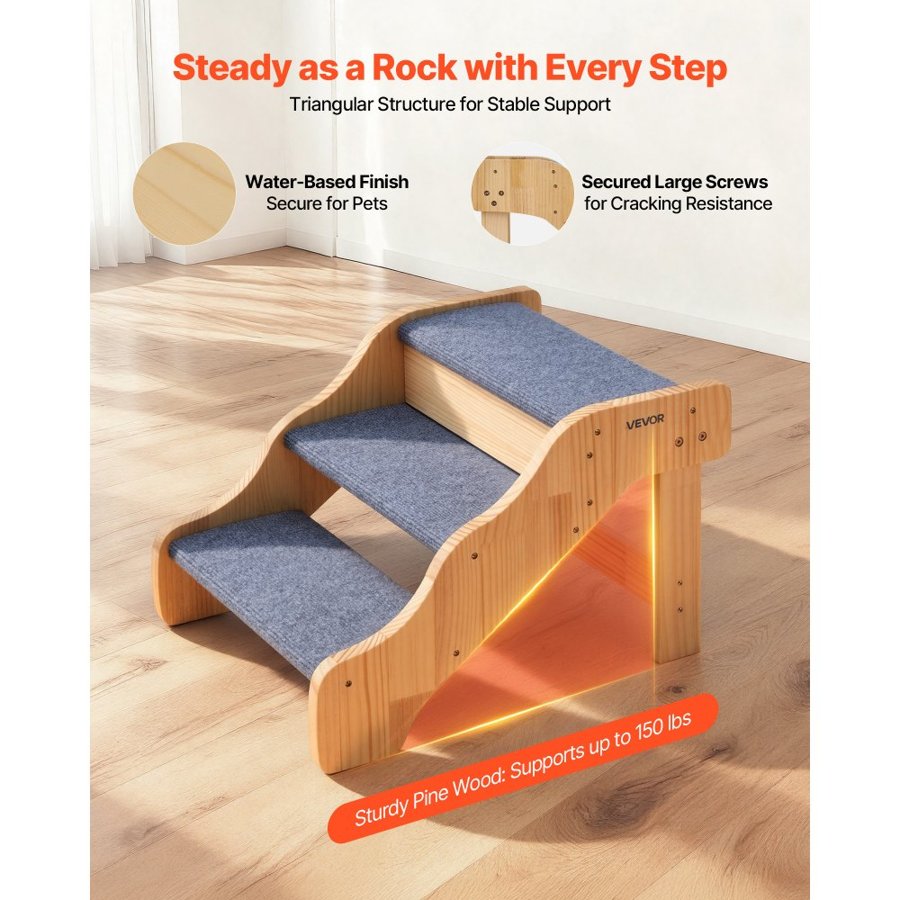 VEVOR Wood Pet Stairs, 3-Step Dog Stairs for High Beds, Sofa & Cars, 68 kg Load Capacity, Non-Slip Surface, Stable Cat & Dog Step Ladder for Small Medium Large Older Pet Puppy Essentials