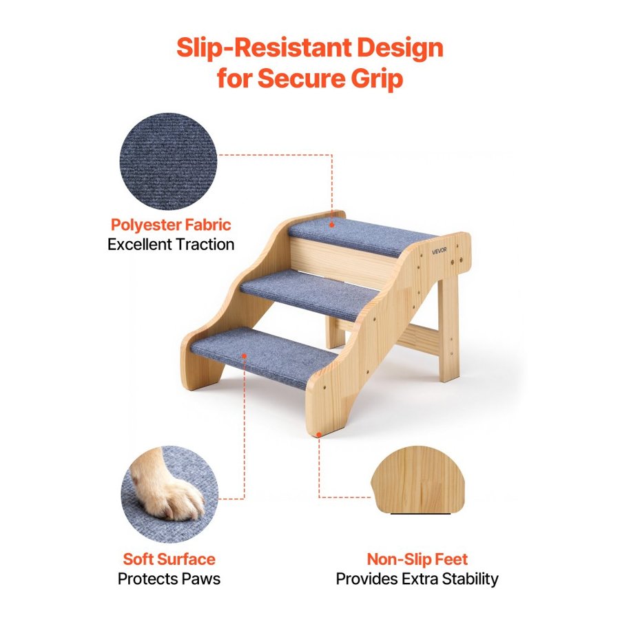 VEVOR Wood Pet Stairs, 3-Step Dog Stairs for High Beds, Sofa & Cars, 68 kg Load Capacity, Non-Slip Surface, Stable Cat & Dog Step Ladder for Small Medium Large Older Pet Puppy Essentials