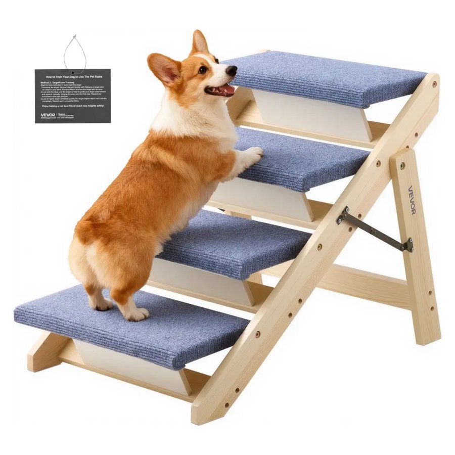 VEVOR 4 Step Dog Stairs – Wood, 110 lbs, Foldable, Non-Slip