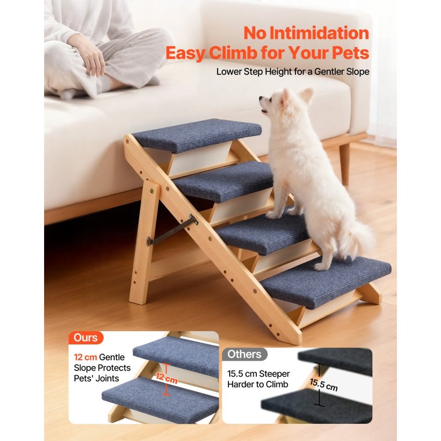 VEVOR 4 Step Dog Stairs – Wood, 110 lbs, Foldable, Non-Slip