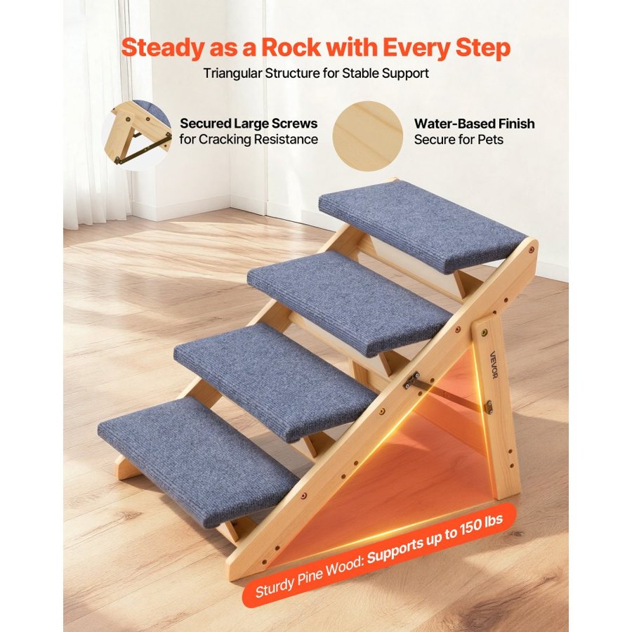 VEVOR 4 Step Dog Stairs – Wood, 110 lbs, Foldable, Non-Slip