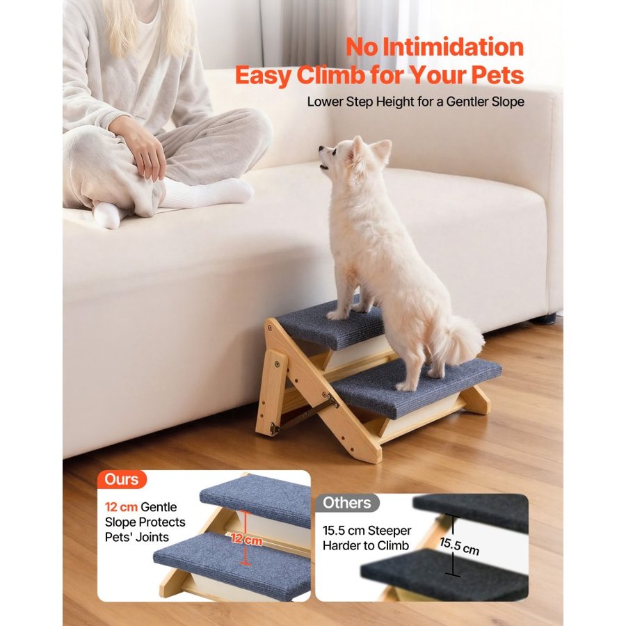 VEVOR Wood Pet Stairs, 2-Step Dog Stairs for Beds, Sofa & Cars, 50 kg Load Capacity, Floded Flat Design, Stable & Sturdy Cat & Dog Step Ladder for Small Medium Large Older Pet Puppy Essentials