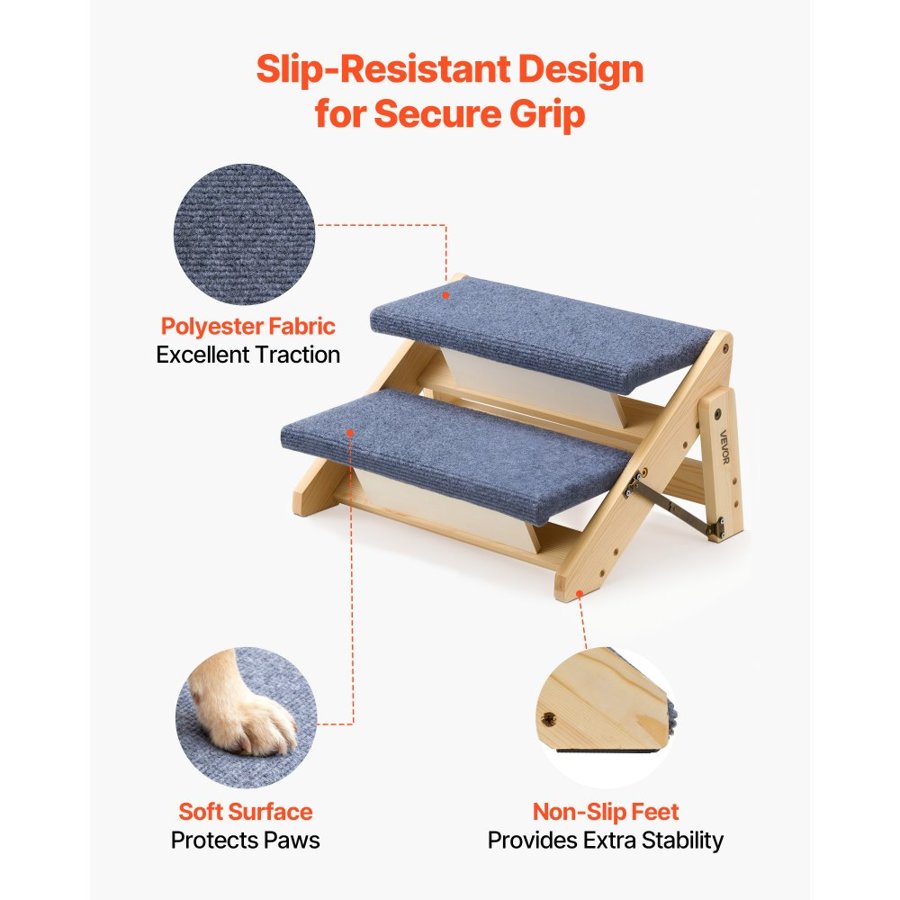 VEVOR Wood Pet Stairs, 2-Step Dog Stairs for Beds, Sofa & Cars, 50 kg Load Capacity, Floded Flat Design, Stable & Sturdy Cat & Dog Step Ladder for Small Medium Large Older Pet Puppy Essentials