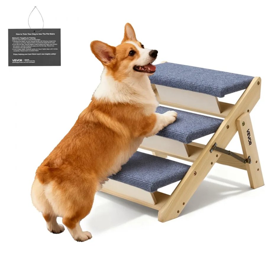 VEVOR Wood Pet Stairs, 3-Step Dog Stairs for Beds, Sofa & Cars, 68 kg Load Capacity, Floded Flat Design, Stable & Sturdy Cat & Dog Step Ladder for Small Medium Large Older Pet Puppy Essentials