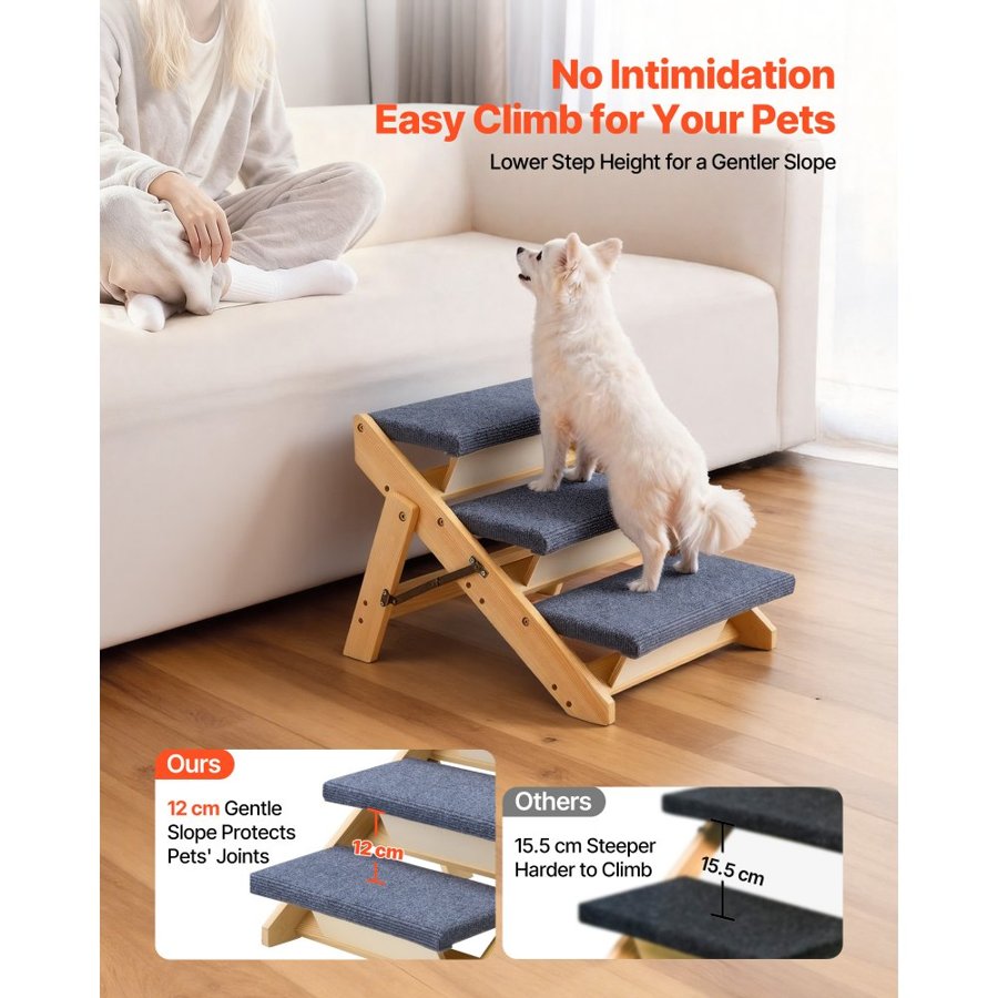 VEVOR Wood Pet Stairs, 3-Step Dog Stairs for Beds, Sofa & Cars, 68 kg Load Capacity, Floded Flat Design, Stable & Sturdy Cat & Dog Step Ladder for Small Medium Large Older Pet Puppy Essentials