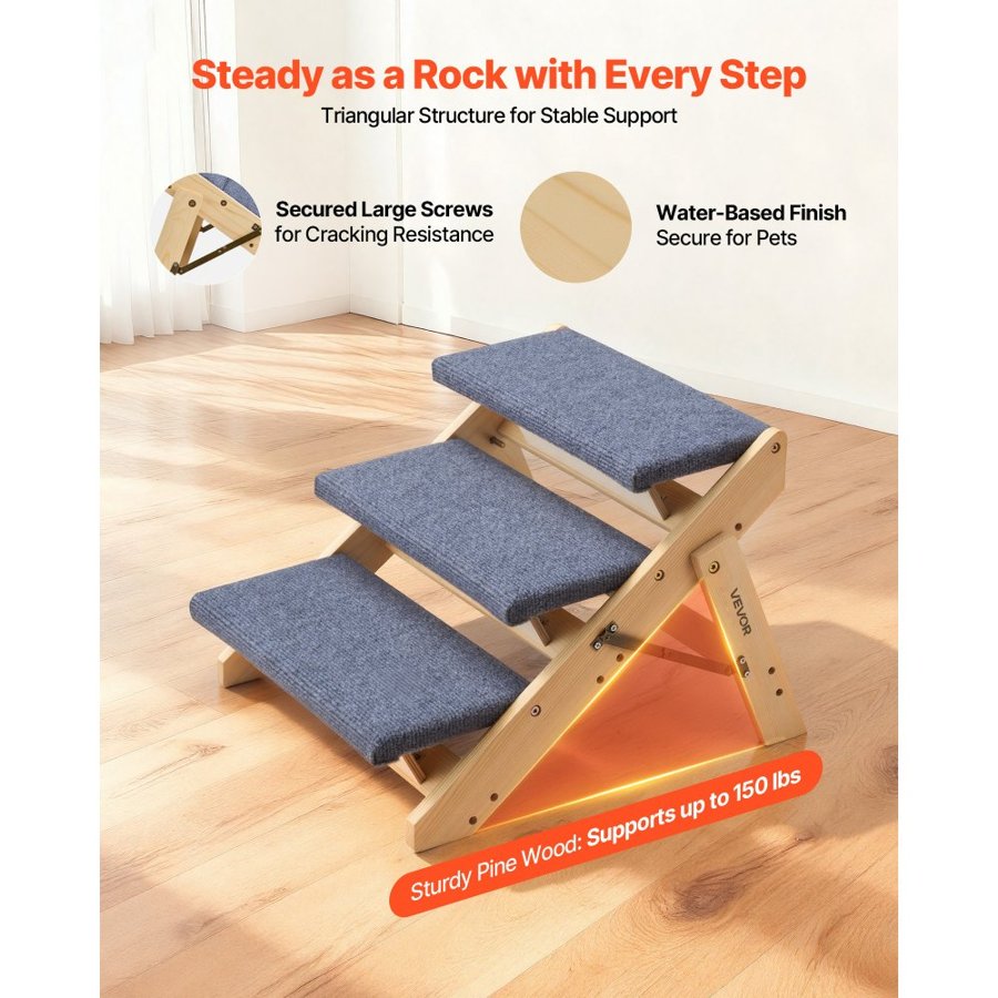 VEVOR Wood Pet Stairs, 3-Step Dog Stairs for Beds, Sofa & Cars, 68 kg Load Capacity, Floded Flat Design, Stable & Sturdy Cat & Dog Step Ladder for Small Medium Large Older Pet Puppy Essentials