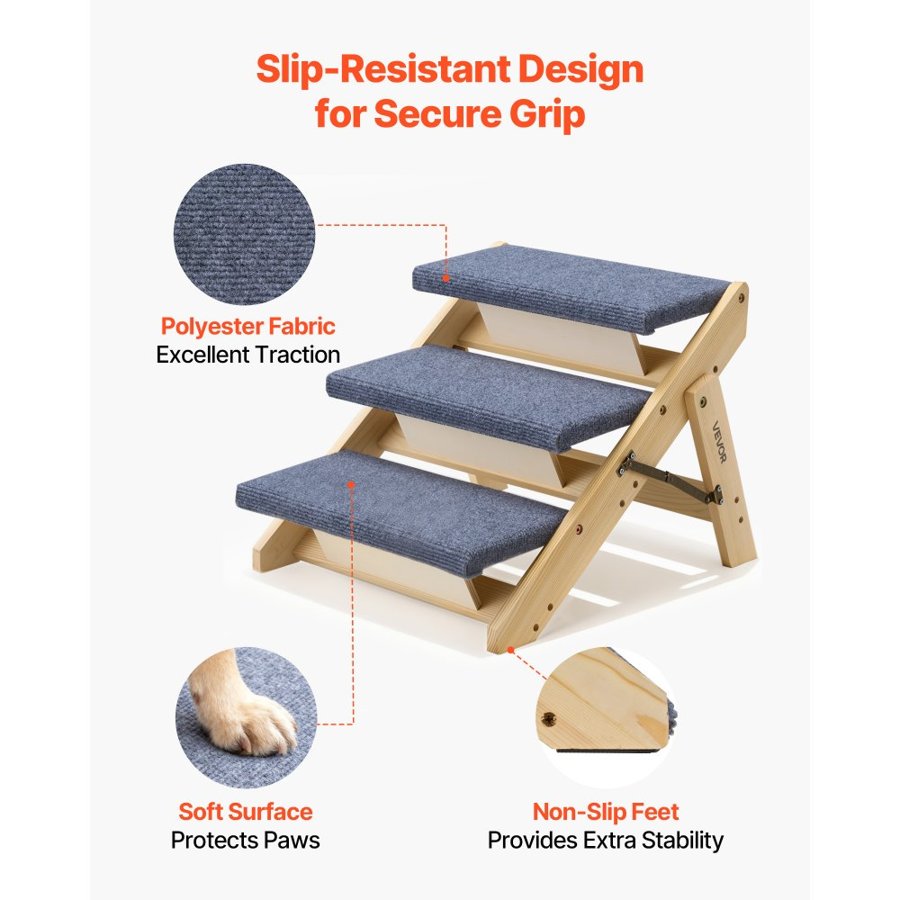 VEVOR Wood Pet Stairs, 3-Step Dog Stairs for Beds, Sofa & Cars, 68 kg Load Capacity, Floded Flat Design, Stable & Sturdy Cat & Dog Step Ladder for Small Medium Large Older Pet Puppy Essentials
