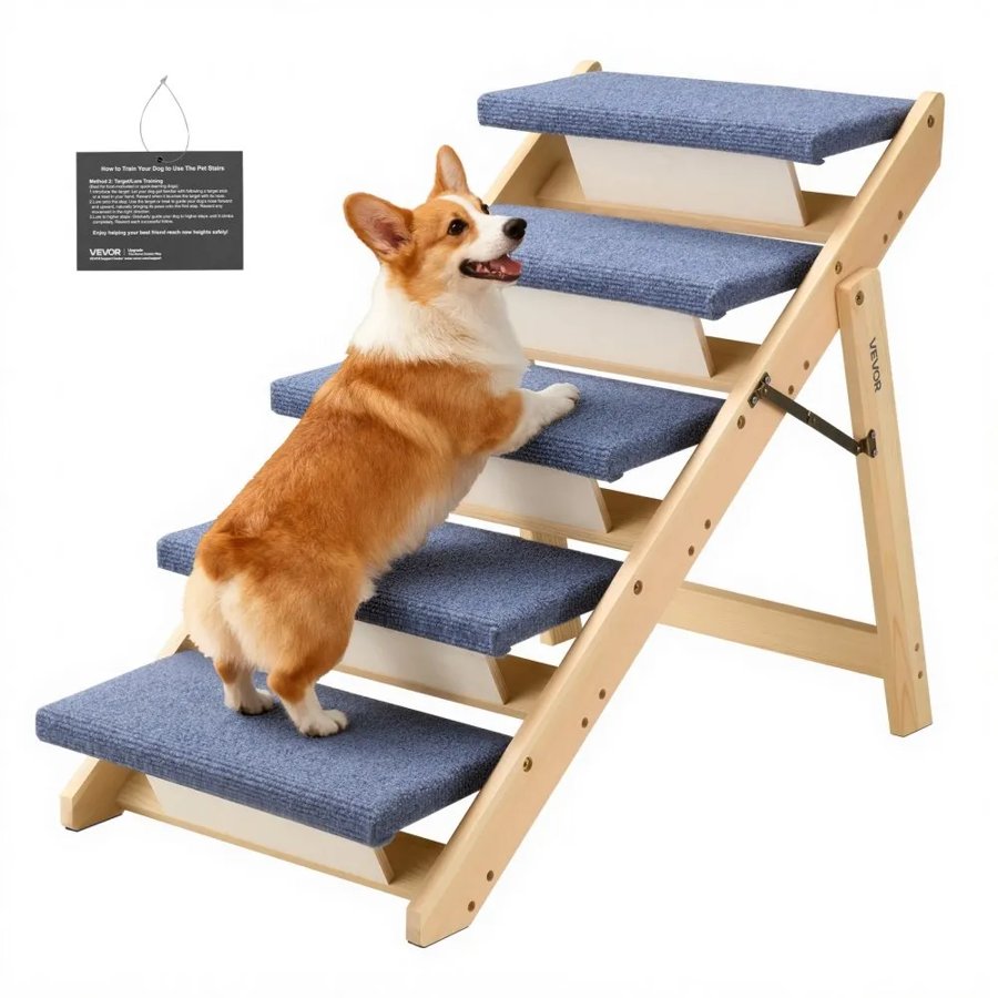 VEVOR 5 Step Dog Stairs – 110 lbs, Foldable Flat Design