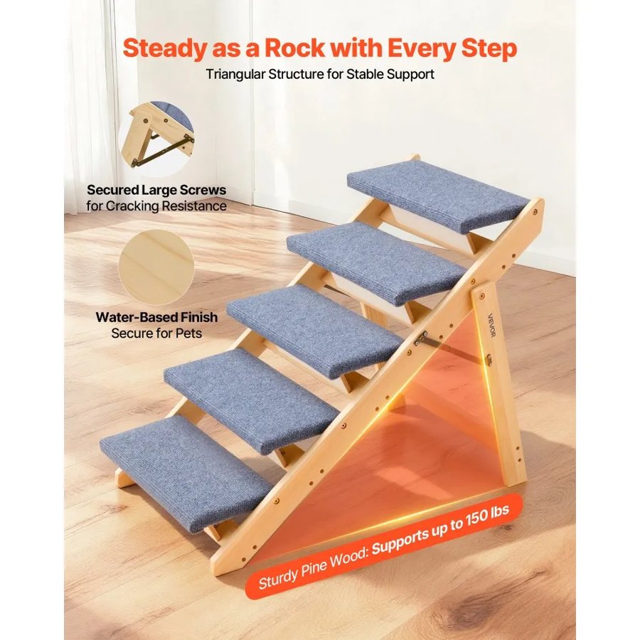 VEVOR 5 Step Dog Stairs – 110 lbs, Foldable Flat Design