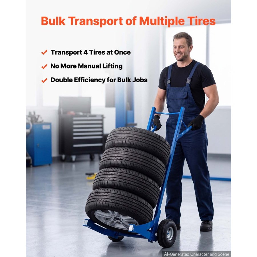 VEVOR Hand Truck Wheel Dolly, 200kg Heavy-Duty Steel Tire Wheel Dolly, Fits 550-750mm Tires for Sedans, SUVs & Minivans, Holds Up to 4 Tires, with 254mm Pneumatic Wheels for Repair Workshops