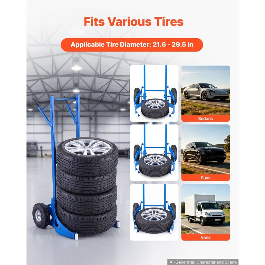 VEVOR Hand Truck Wheel Dolly, 200kg Heavy-Duty Steel Tire Wheel Dolly, Fits 550-750mm Tires for Sedans, SUVs & Minivans, Holds Up to 4 Tires, with 254mm Pneumatic Wheels for Repair Workshops