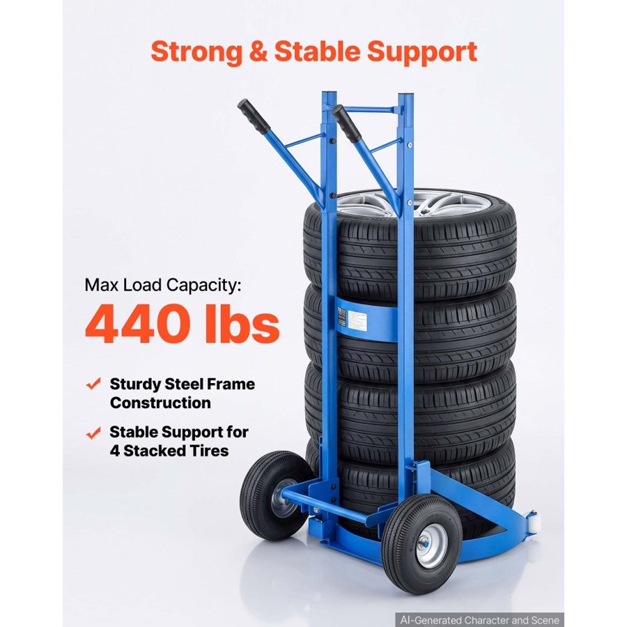 VEVOR Hand Truck Wheel Dolly, 200kg Heavy-Duty Steel Tire Wheel Dolly, Fits 550-750mm Tires for Sedans, SUVs & Minivans, Holds Up to 4 Tires, with 254mm Pneumatic Wheels for Repair Workshops